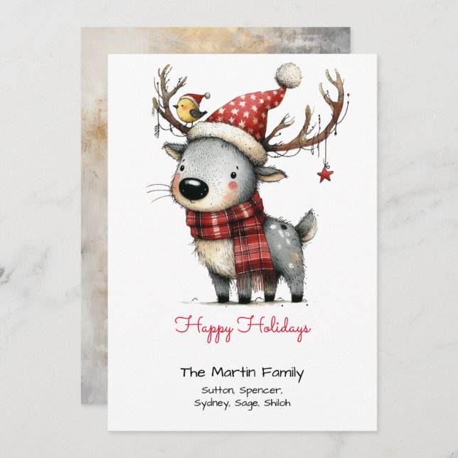 Cute Reindeer in a Santa Hat Happy  Holiday Card (Front/Back)