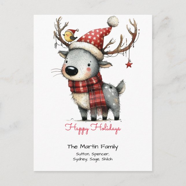 Cute Reindeer in a Santa Hat Happy Holidays Postcard (Front)