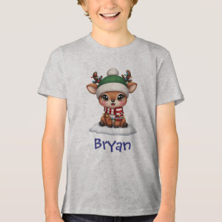 Cute Reindeer In Green Beanie Hat Winter Art Tri-Blend Shirt