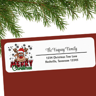 Cute Reindeer in Santa Hat Merry Christmas Address