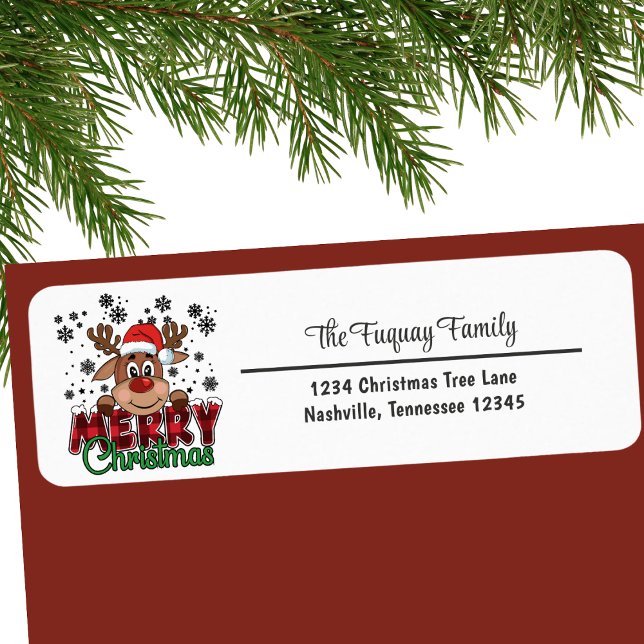 Cute Reindeer in Santa Hat Merry Christmas Address (Cute Reindeer in Santa Hat Merry Christmas Address Label)