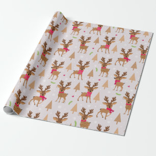 Cute Reindeer in Scarves and Light Christmas Wrapping Paper