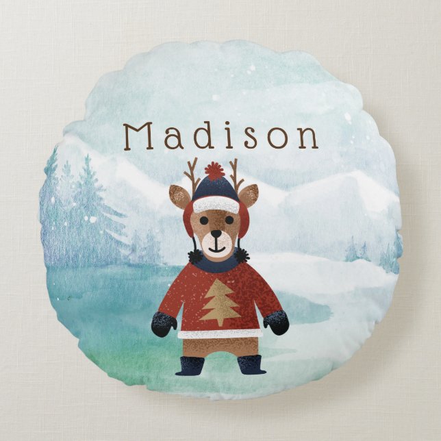 Cute Reindeer in Sweater Round Cushion (Front)