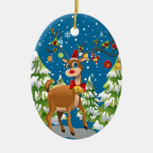 Cute Reindeer in the Snow Ceramic Tree Decoration