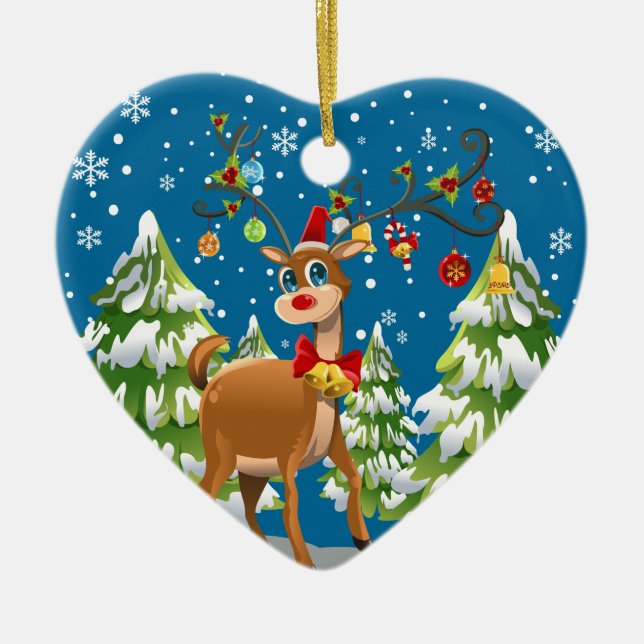 Cute Reindeer in the Snow Ceramic Tree Decoration (Front)