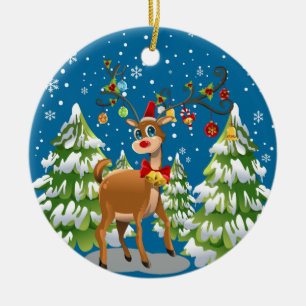 Cute Reindeer in the Snow Ceramic Tree Decoration