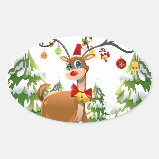 Cute Reindeer in the Snow Oval Sticker (Front)