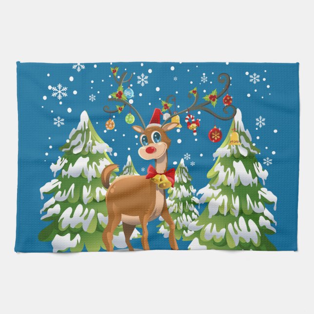 Cute Reindeer in the Snow Tea Towel (Horizontal)