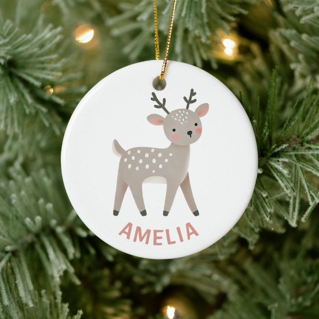 Cute Reindeer Kid`s Name Christmas Ceramic Tree Decoration (Tree)