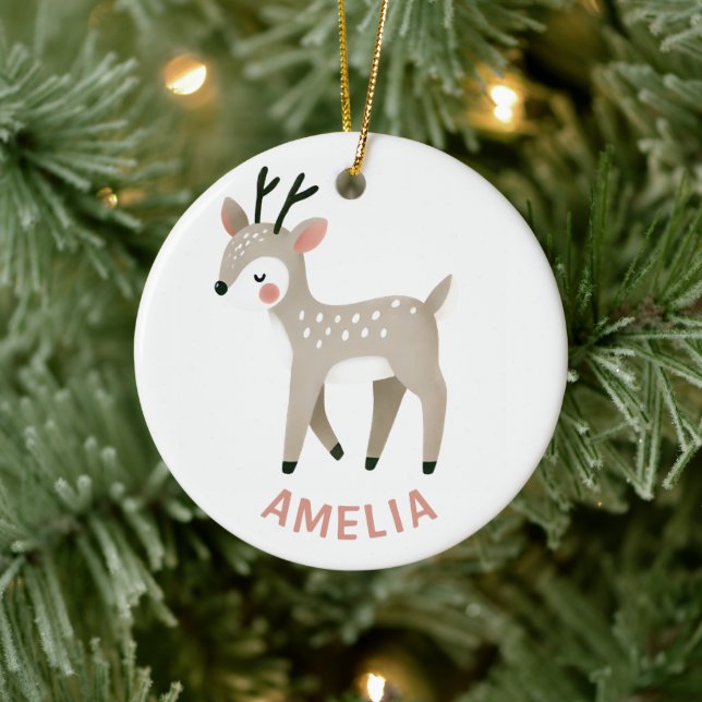 Cute Reindeer Kid`s Name Christmas Ceramic Tree Decoration (Tree)