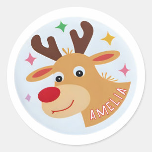 Cute Reindeer Kid`s Name Christmas Gift Classic Round Sticker
