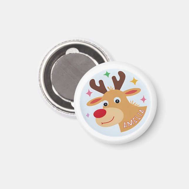 Cute Reindeer Kid`s Name Christmas Gift Magnet (Front/Back)