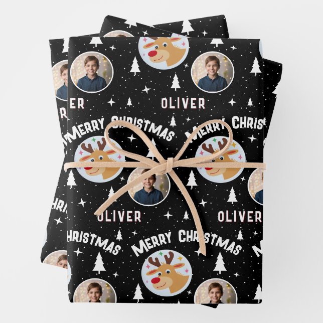 Cute Reindeer Kid`s Name Photo Christmas Wrapping Paper Sheet (In situ)