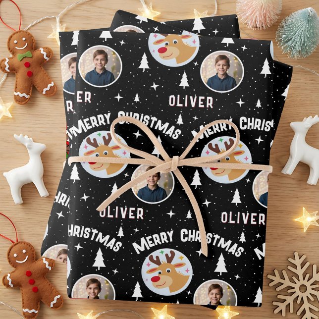 Cute Reindeer Kid`s Name Photo Christmas Wrapping Paper Sheet (Creator Uploaded)