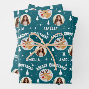 Cute Reindeer Kid`s Name Photo Christmas Wrapping Paper Sheet