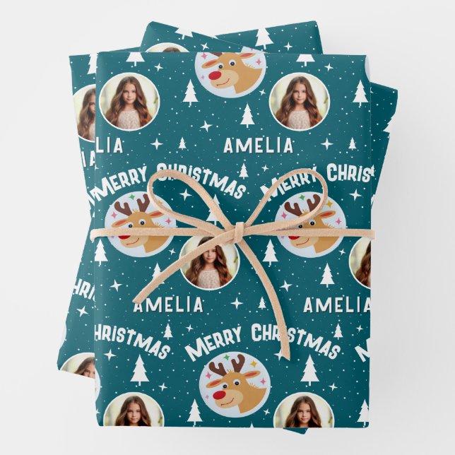Cute Reindeer Kid`s Name Photo Christmas Wrapping Paper Sheet (In situ)