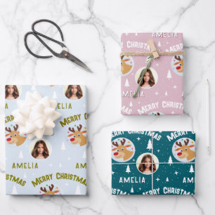 Cute Reindeer Kid`s Name Photo Christmas Wrapping Paper Sheet