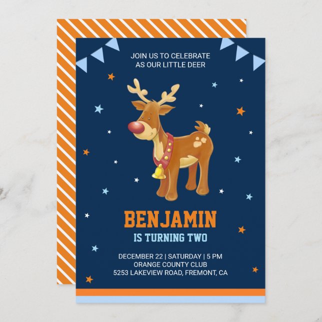 Cute Reindeer Kids Birthday Party Invitation (Front/Back)