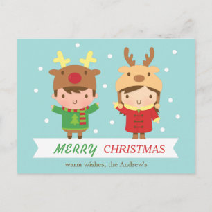 Cute Reindeer Kids Merry Christmas Greeting Holiday Postcard