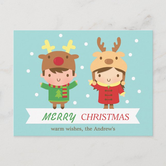 Cute Reindeer Kids Merry Christmas Greeting Holiday Postcard (Front)