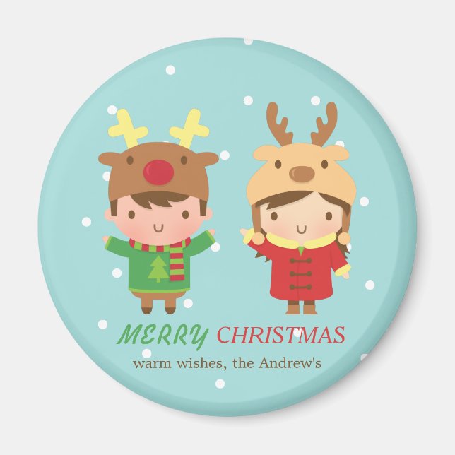 Cute Reindeer Kids Merry Christmas Party Favours Magnet (Front)