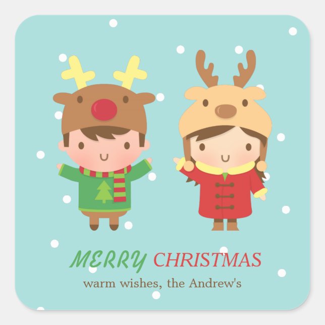 Cute Reindeer Kids Merry Christmas Party Favours Square Sticker (Front)