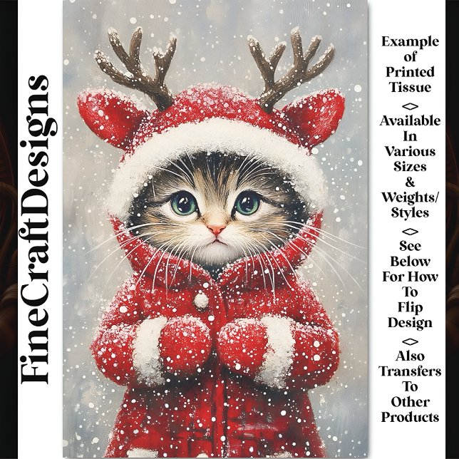 Cute Reindeer Kitten In Red Coat AK6H Decoupage Tissue Paper (Creator Uploaded)