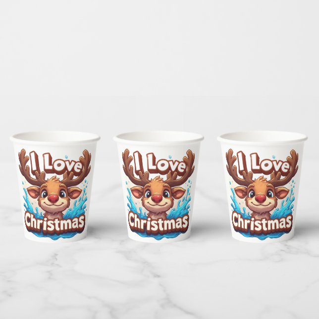 Cute Reindeer Mascot With 'I Love Christmas' Text Paper Cups (Multi)