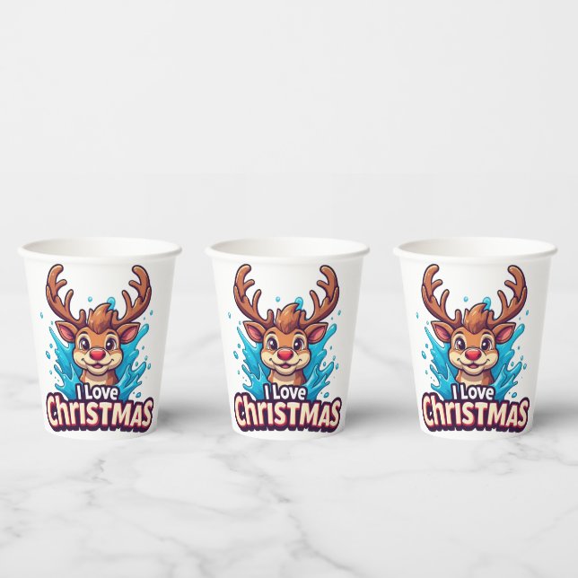 Cute Reindeer Mascot With 'I Love Christmas' Text Paper Cups (Multi)