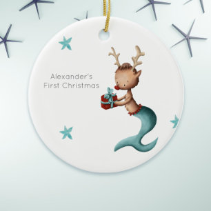 Cute Reindeer Mermaid First Christmas Whimsical Ceramic Tree Decoration