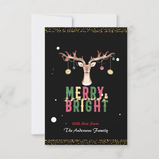 Cute Reindeer Merry & Bright Christmas Ornaments Card (Front)