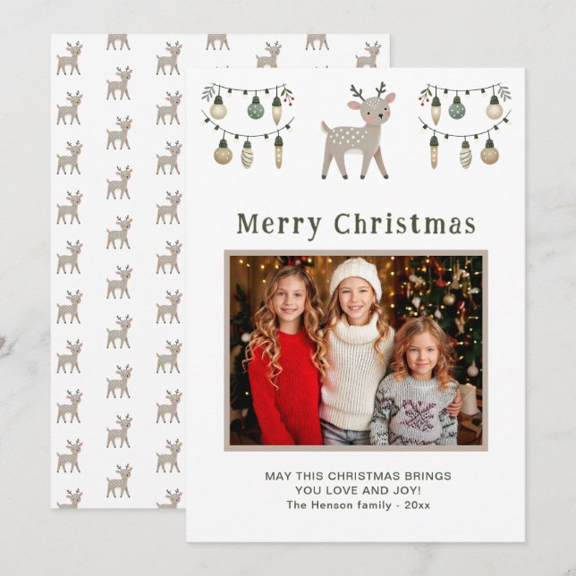 Cute Reindeer Merry Christmas Family Photo   Holiday Card (Front/Back)