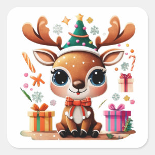 Cute Reindeer Merry Christmas Gift Happy Holidays  Square Sticker