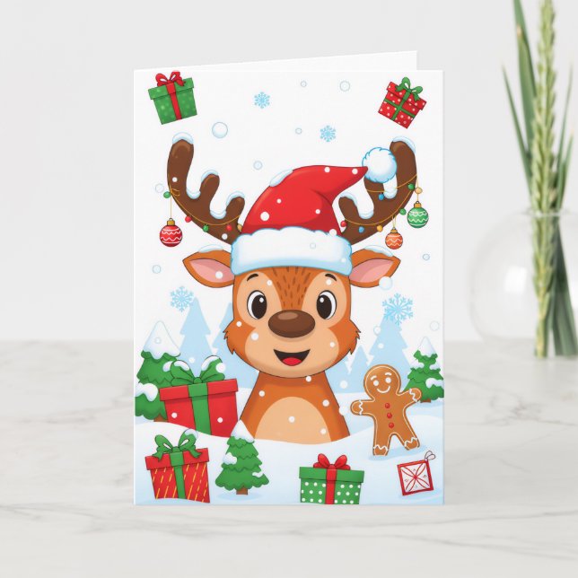 Cute Reindeer Merry Christmas Kids Holiday Card (Front)