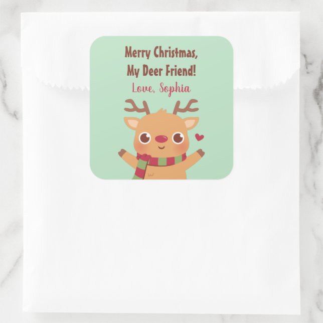 Cute Reindeer, Merry Christmas My Deer Friend Pun Square Sticker (Bag)