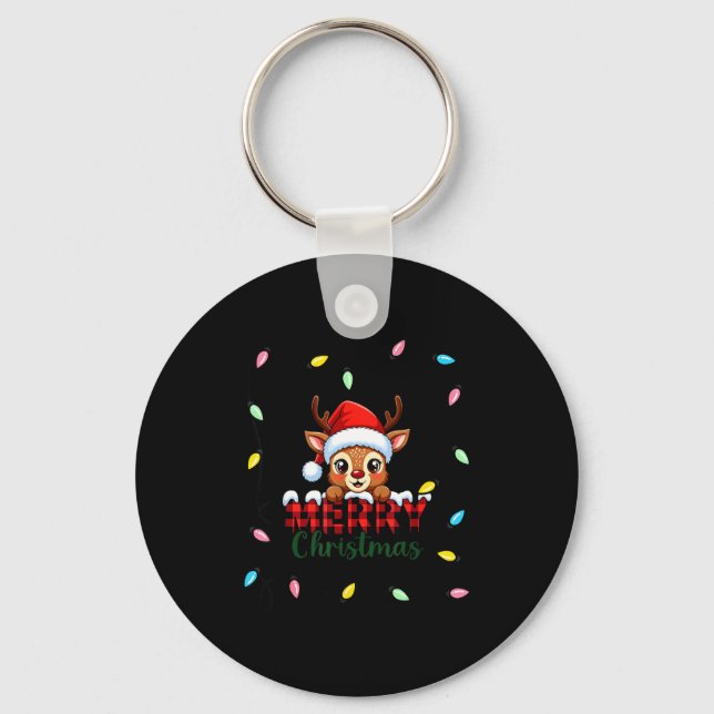 Cute Reindeer Merry Christmas Shirt –plaid Holiday Key Ring (Front)