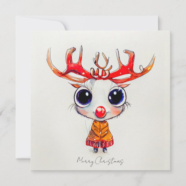 Cute Reindeer Merry Christmas Watercolor Card (Front)