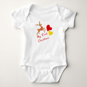 Cute Reindeer My First Christmas text and Hearts Baby Bodysuit