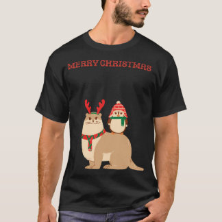 Cute Reindeer Otter With Penguin T-Shirt