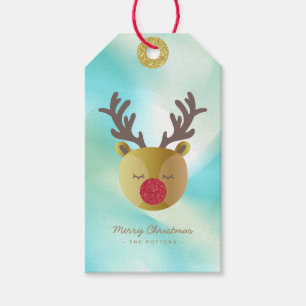 Cute Reindeer   Pastel Green Gradient & Gold  Gift Tags