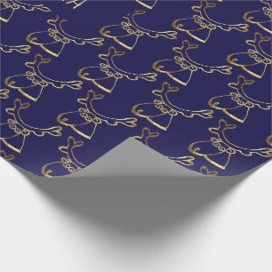 Cute Reindeer Pattern Faux Gold Blue Christmas Wrapping Paper