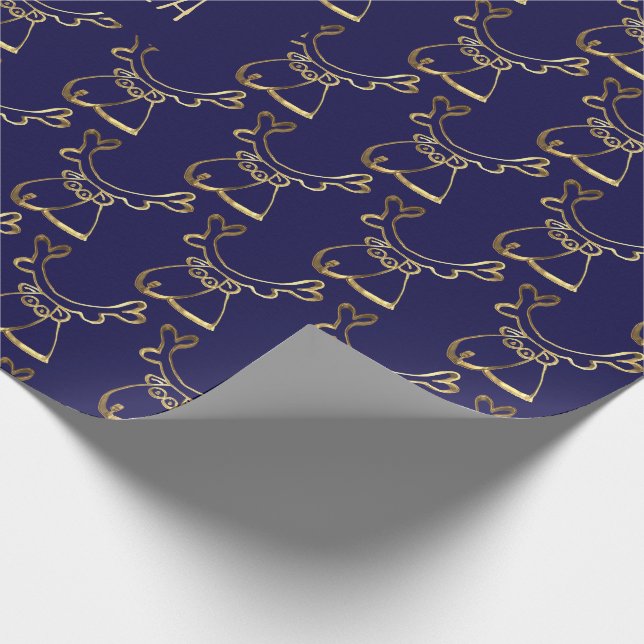 Cute Reindeer Pattern Faux Gold Blue Christmas Wrapping Paper (Corner)