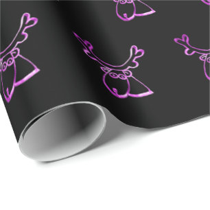 Cute Reindeer Pattern Faux Pink Foil Christmas Wrapping Paper