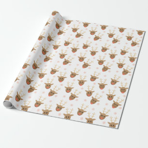 Cute Reindeer Pattern Snowflakes Orange Brown Wrapping Paper