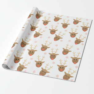 Cute Reindeer Pattern Snowflakes Orange Brown Wrapping Paper