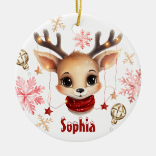 Cute Reindeer Personalised Christmas Snowflake Ceramic Tree Decoration