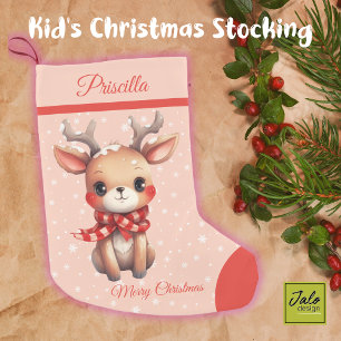 Cute Reindeer Pink Snow Background Merry Christmas Small Christmas Stocking