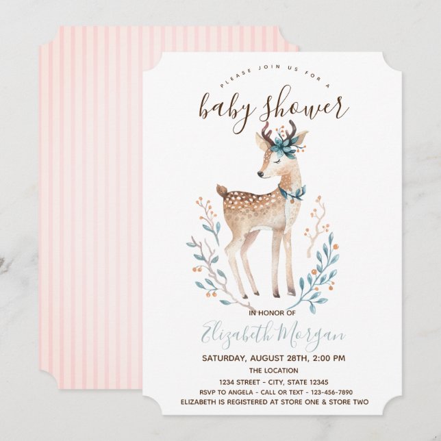 Cute Reindeer Pink Stripes Baby Shower  Invitation (Front/Back)