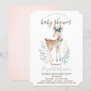 Cute Reindeer Pink Stripes Baby Shower Invitation