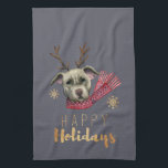 Cute Reindeer Pit Bull Terrier Dog Christmas Tea Towel<br><div class="desc">Watercolor and colour pencil illustration of a cute American pit bull terrier dog with red scarf and antlers. It says "Happy Holidays" in shiny gold font under the dog.</div>